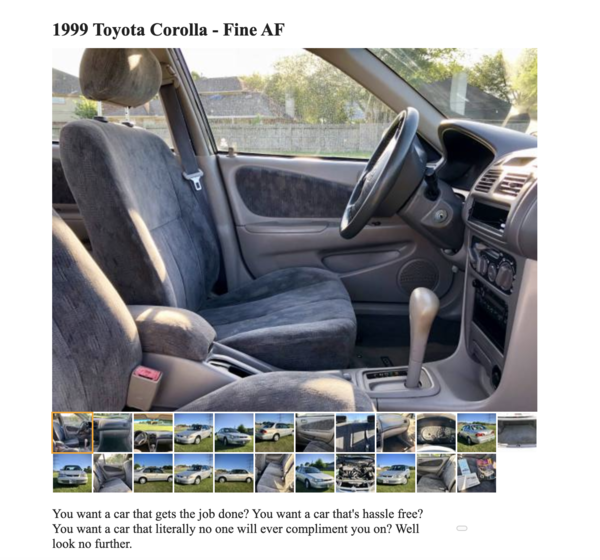 Craigslist Hall of Fame listing for a 1999 Toyota Corolla