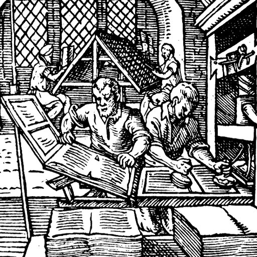 woodblock of printer at work in 1568