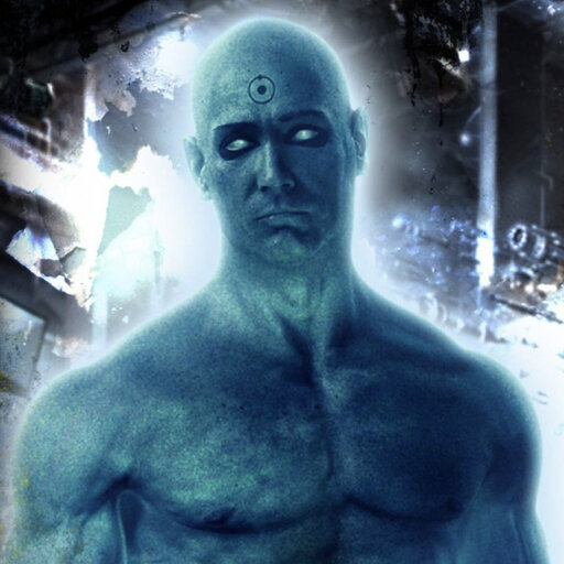 Lee Pace in full body blue makeup as Doctor Manhattan from The Watchmen series