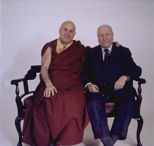 Matthieu Ricard and JeanFrancois Revel sitting on a wide bench in 1999