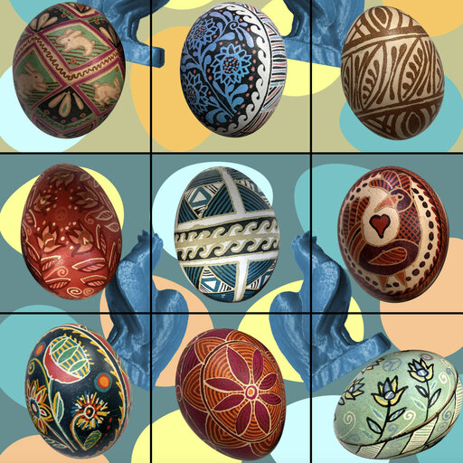 a collection of pysanky eggs  intricate blown eggs that are died in layers