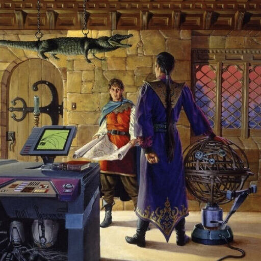 a fantasy setting stand off between a woman holding a map and a man leaning on a globe